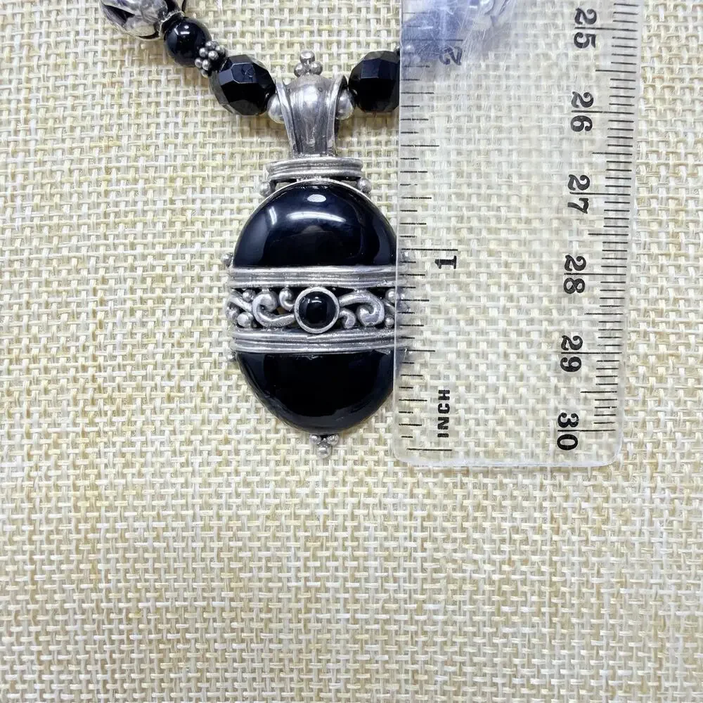 Vintage Sterling Silver 925 and Beaded Black Onyx Pendant Necklace 18 Inch